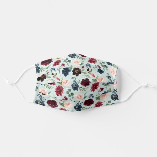 Mint  Burgundy  Navy Watercolor Floral Pattern Adult Cloth Face Mask