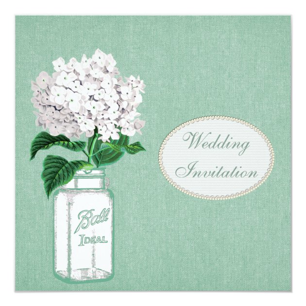 Mint Burlap, Mason Jar & Hydrangea Wedding Invitation