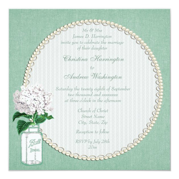 Mint Burlap, Mason Jar & Hydrangea Wedding Invitation