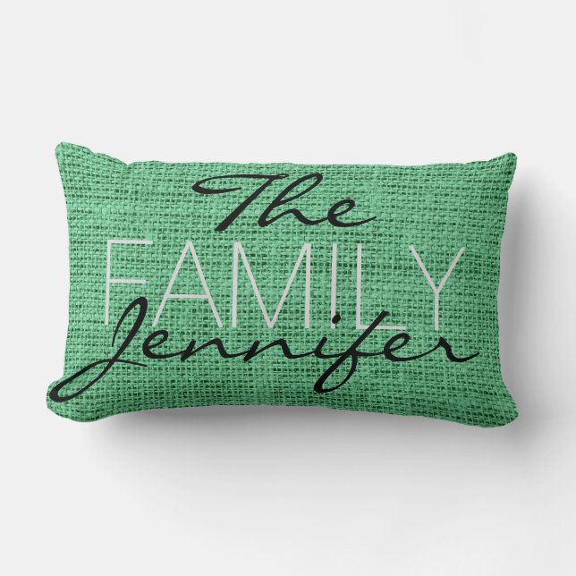 Mint Burlap Rustic Linen Monogram Lumbar Pillow (Front)