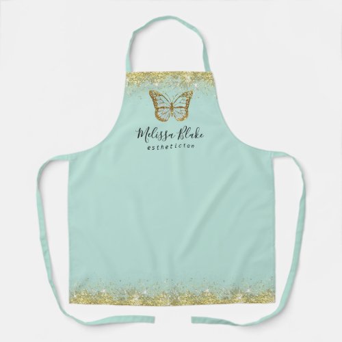 mint butterfly on faux gold sparkle   apron