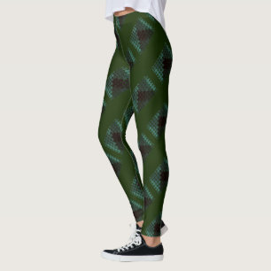 Mint button or pit on forest green, forming shapes leggings