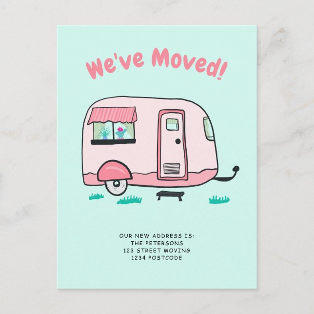 Mint camper van illustration moving announcement postcard (Front)