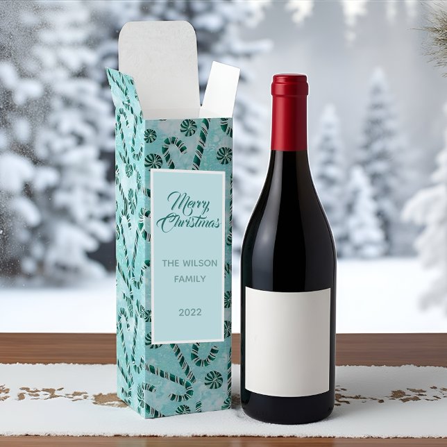 Mint Candy Cane Christmas  Wine Box (Festive mint candy cane wine gift box with a modern coastal holiday design.)