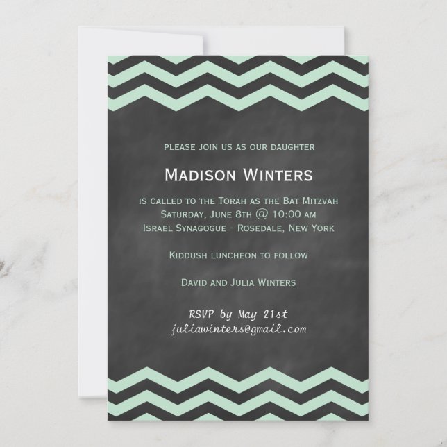 Mint & Chalkboard Chevron Bat Mitzvah Invitation (Front)