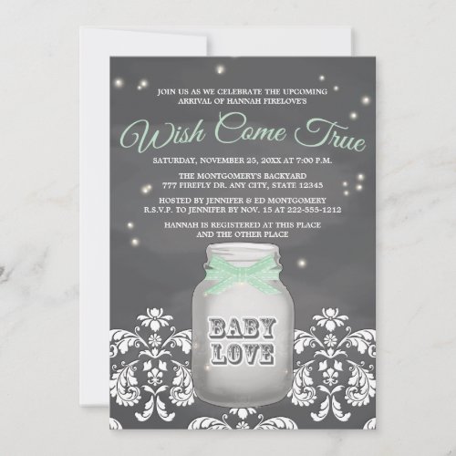 Mint Chalkboard Firefly Mason Jar Baby Shower Invitation