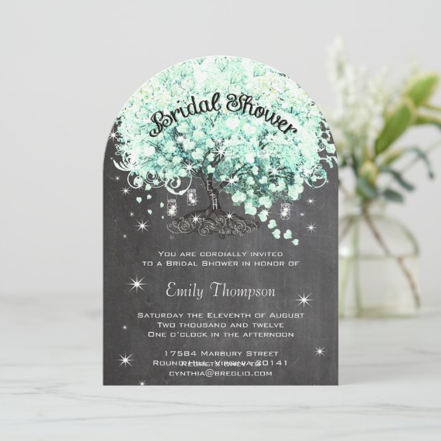 Mint Chalkboard Heart Leaf Tree Bridal Shower Invitation (Standing Front)