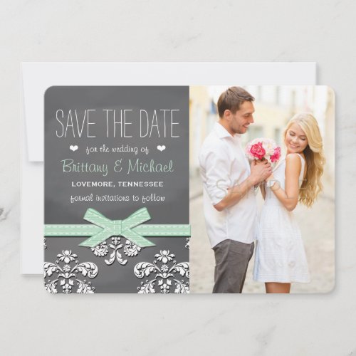 Mint Chalkboard Lace and Bow Save the Date Card