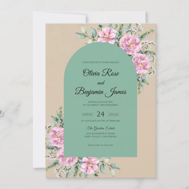 Mint Champagne Leaf Wedding Invitation (Front)