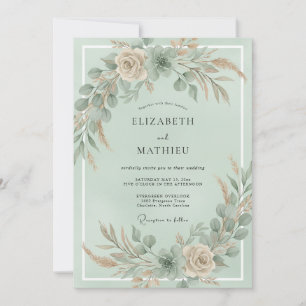 Mint Champagne Pampas Eucalyptus Wedding Invitation