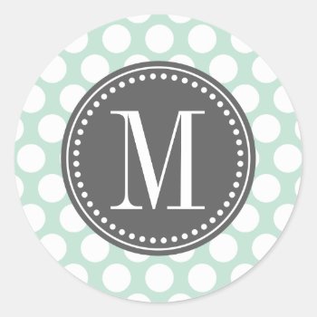 Mint & Charcoal | Big Polka Dots Monogrammed Classic Round Sticker by Jujulili at Zazzle
