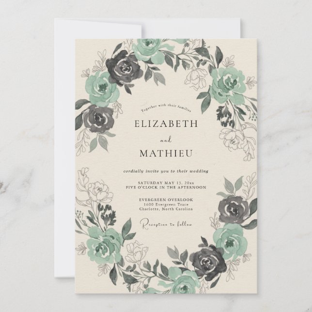 Mint Charcoal Floral Arch Wedding Invitation (Front)
