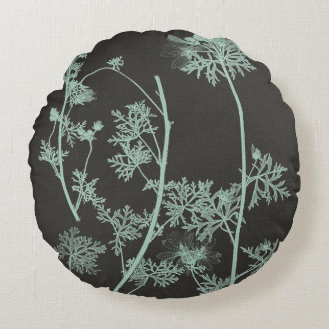 Mint & Charcoal Nature Study IV Round Pillow (Front)