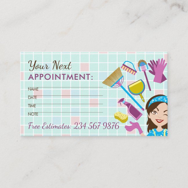 Mint Checkered House Cleaning Next Appointment Card