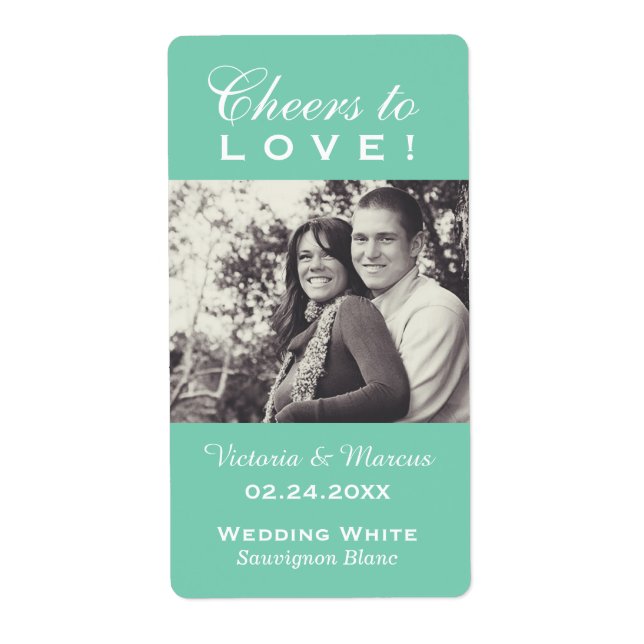 Mint Cheers to Love Wedding Photo Wine Bottle Label (Front)