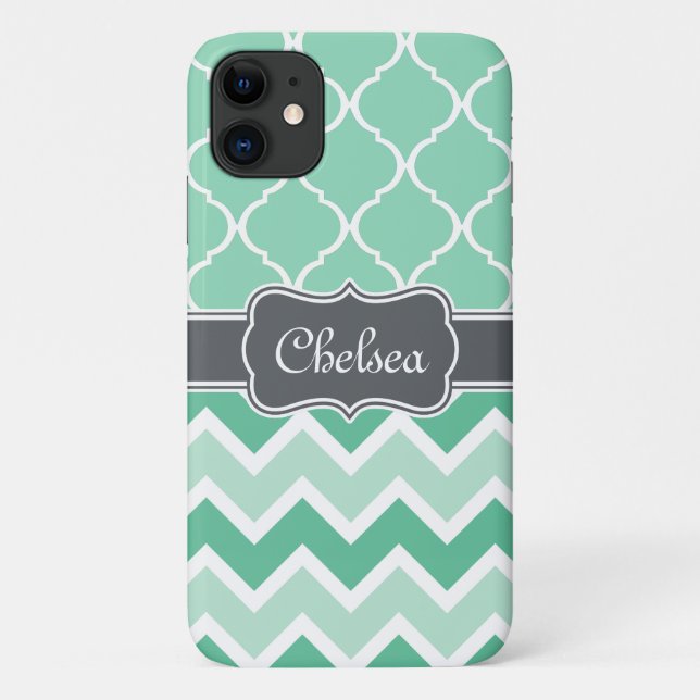Mint Chevron and Lattice Pattern Grey Name Case-Mate iPhone Case (Back)
