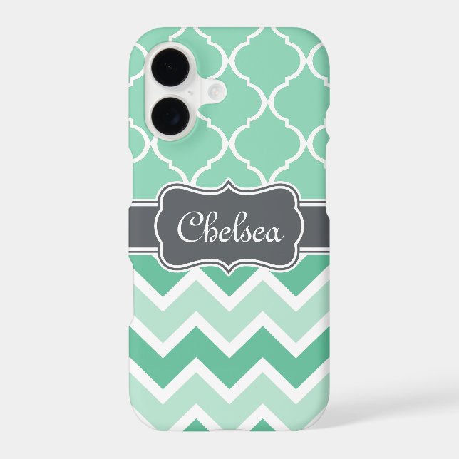 Mint Chevron and Lattice Pattern Grey Name Iphone Case (Back)