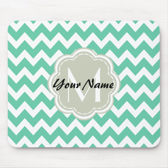 Mint Chevron Custom Monogram, Personalized Name Mouse Pad (Front)