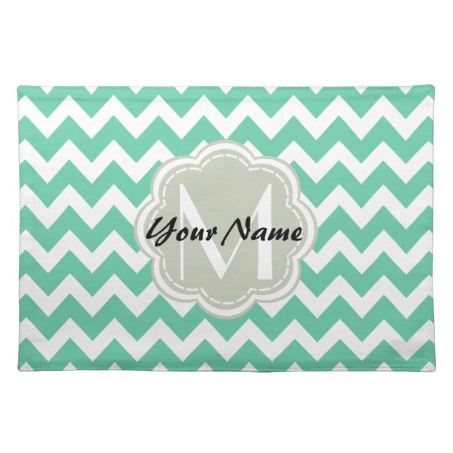Mint Chevron Custom Monogram, Personalized Name Placemat (Front)