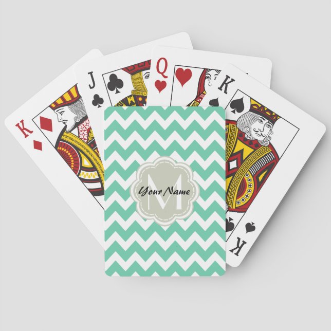 Mint Chevron Custom Monogram, Personalized Name Poker Cards (Back)