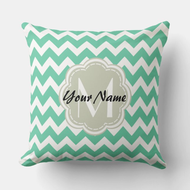 Mint Chevron Custom Monogram, Personalized Name Throw Pillow (Front)