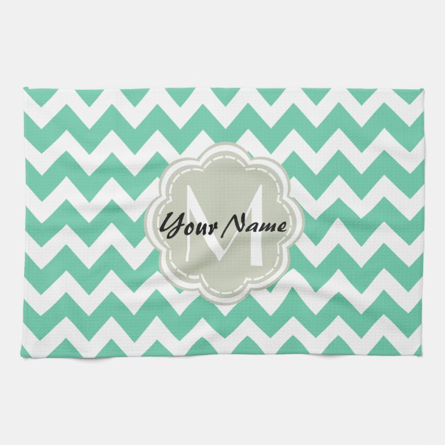 Mint Chevron Custom Monogram, Personalized Name Towel (Horizontal)