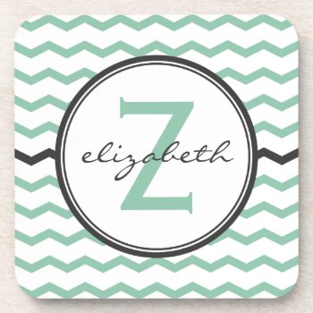 Mint Chevron Monogram Coaster by snowfinch at Zazzle