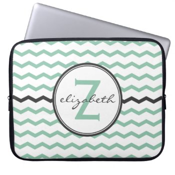 Mint Chevron Monogram Laptop Sleeve by snowfinch at Zazzle