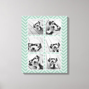 Mint Chevron Pattern with Trendy 6 Photo Collage Canvas Print