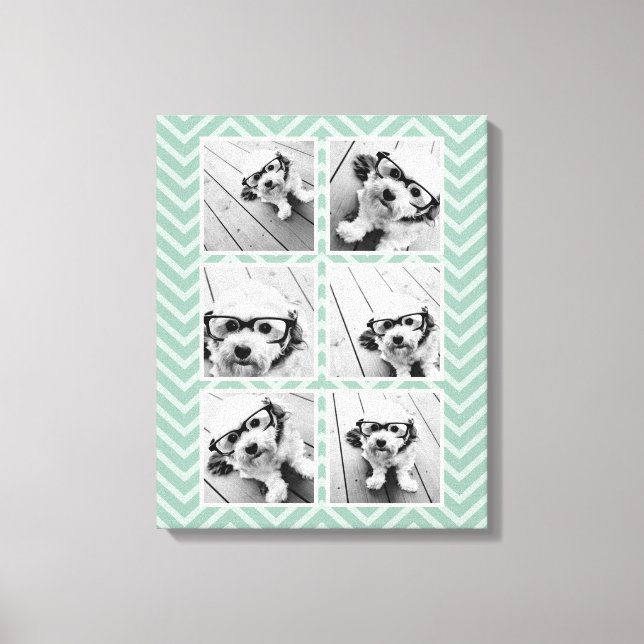 Mint Chevron Pattern with Trendy 6 Photo Collage Canvas Print (Front)