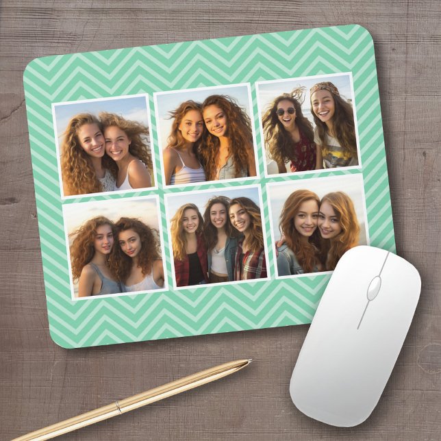 Mint Chevron Pattern with Trendy 6 Photo Collage Mouse Pad (Personalized mousepad - add your photos and custom text)
