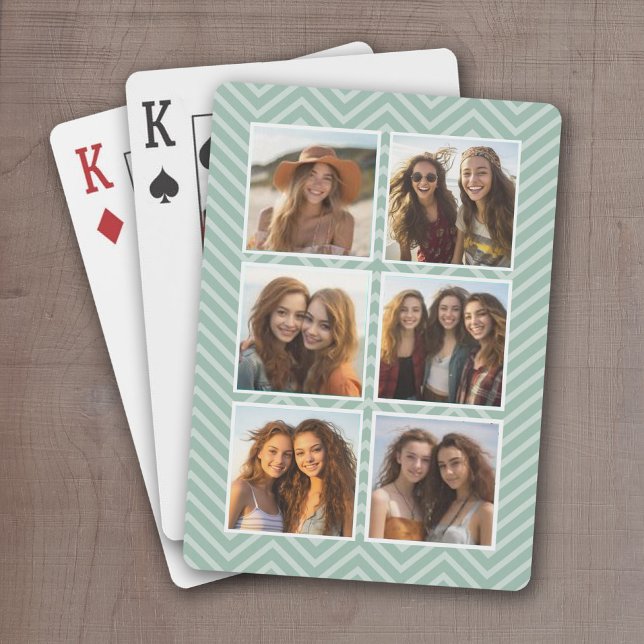 Mint Chevron Pattern with Trendy 6 Photo Collage Poker Cards (Personalize this set of playing cards with a photo collage and and chevron pattern)