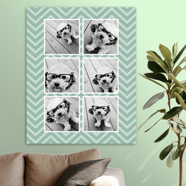 Mint Chevron Pattern with Trendy 6 Photo Collage Poster (Photo Collage Poster)