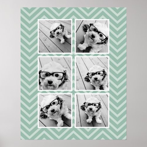 Mint Chevron Pattern with Trendy 6 Photo Collage Poster