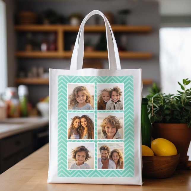 Mint Chevron Pattern with Trendy 6 Photo Collage Reusable Grocery Bag (Personalized grocery tote with photo collage)