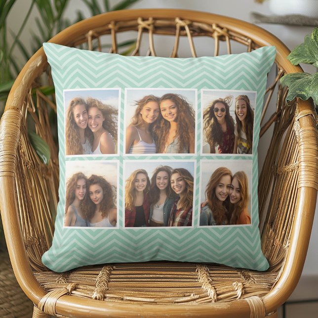 Mint Chevron Pattern with Trendy 6 Photo Collage Throw Pillow (Custom Photo Pillow - Add Your Own Pics!)