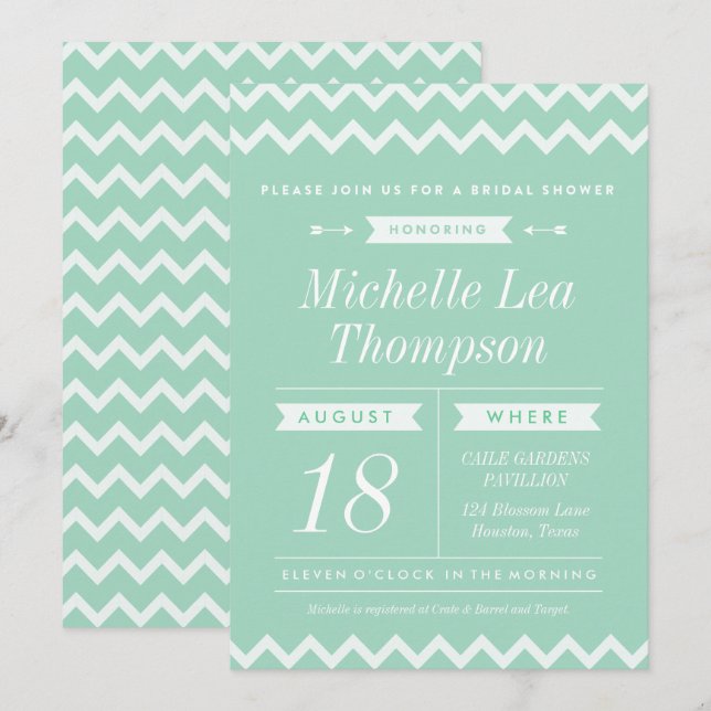 Mint Chevron Stylish Bridal Shower Invitations (Front/Back)