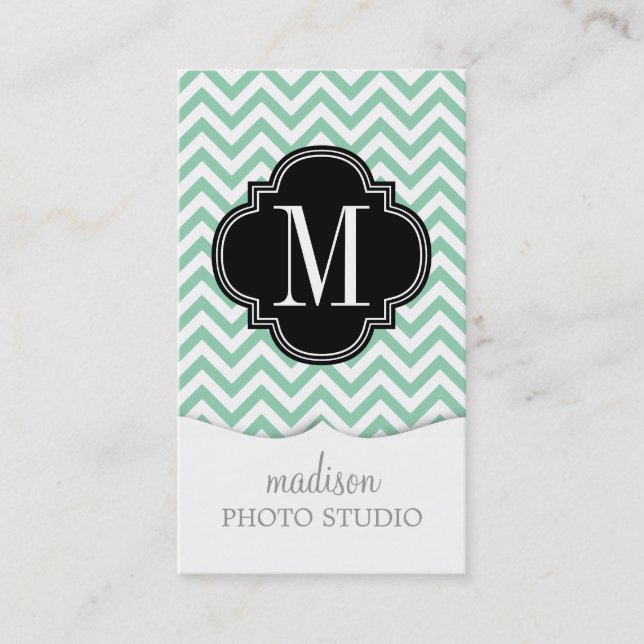 Mint Chevron Zigzag Personalized Monogram Business Card (Front)