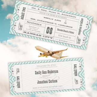 Mint Chevron Zigzag Vintage Modern Ticket Wedding Invitation