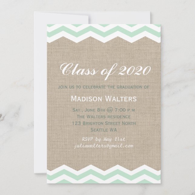 Mint Chevrons on Burlap Graduation Invitation (Front)