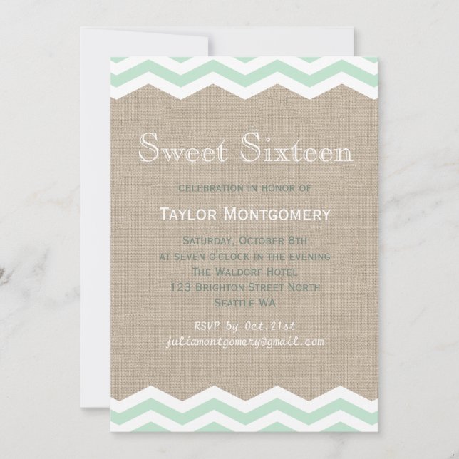 Mint Chevrons on Burlap Sweet Sixteen Invitation (Front)