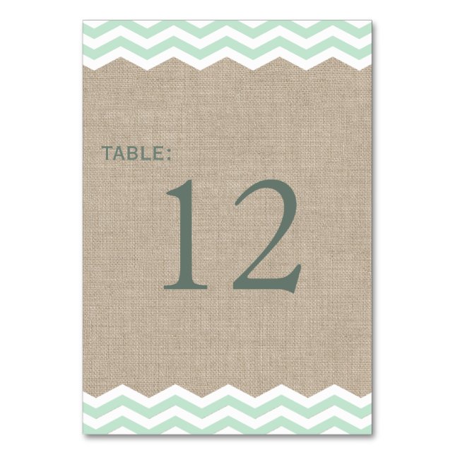 Mint Chevrons on Burlap Table Number (Front)