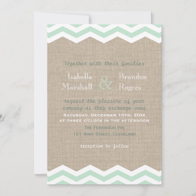 Mint Chevrons on Burlap Wedding Invitation (Front)