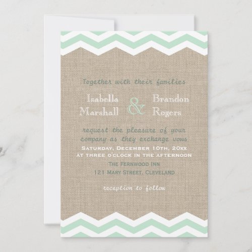 Mint Chevrons on Burlap Wedding Invitation