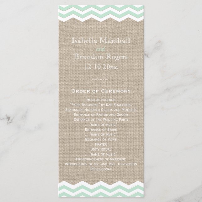 Mint Chevrons on Burlap Wedding Program (Front)
