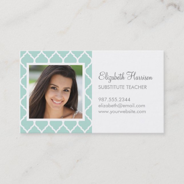 Mint Chic Moroccan Lattice Photo Business Card (Front)