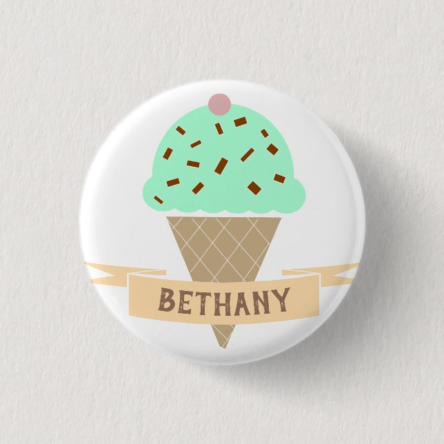 Mint Choc Chip Ice Cream Cone Personalised Kids'  Button (Front)