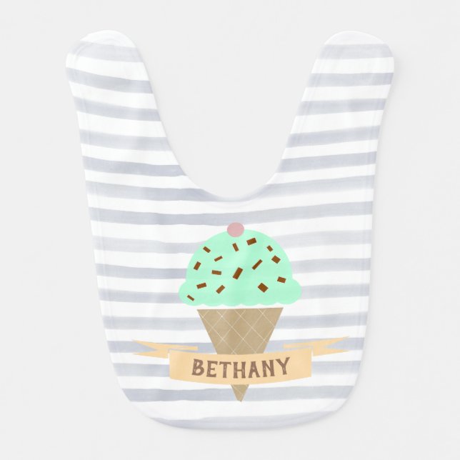 Mint Choc Chip Ice Cream Stripes Personalised Baby Bib (Front)