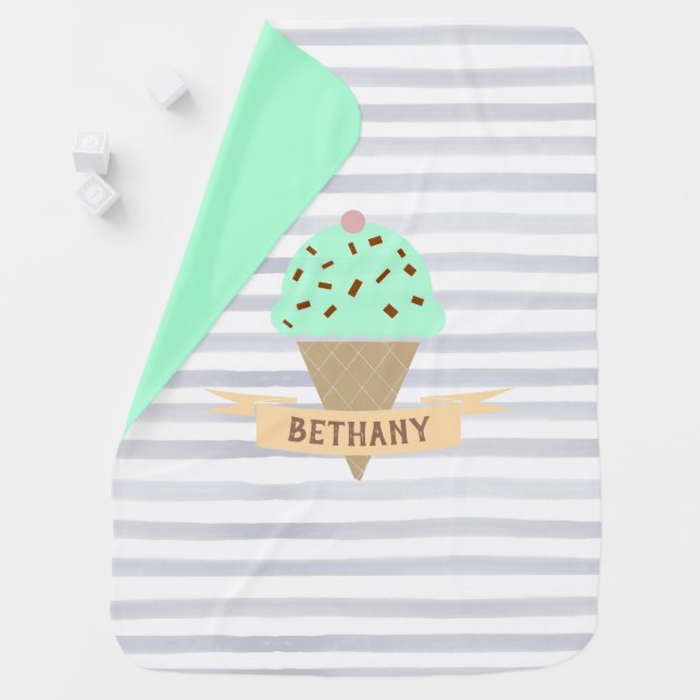 Mint Choc Chip Ice Cream Stripes Personalised Baby Blanket (In Situ)