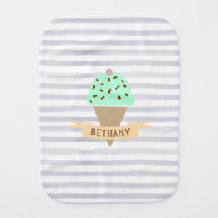 Mint Choc Chip Ice Cream Stripes Personalised Baby Burp Cloth